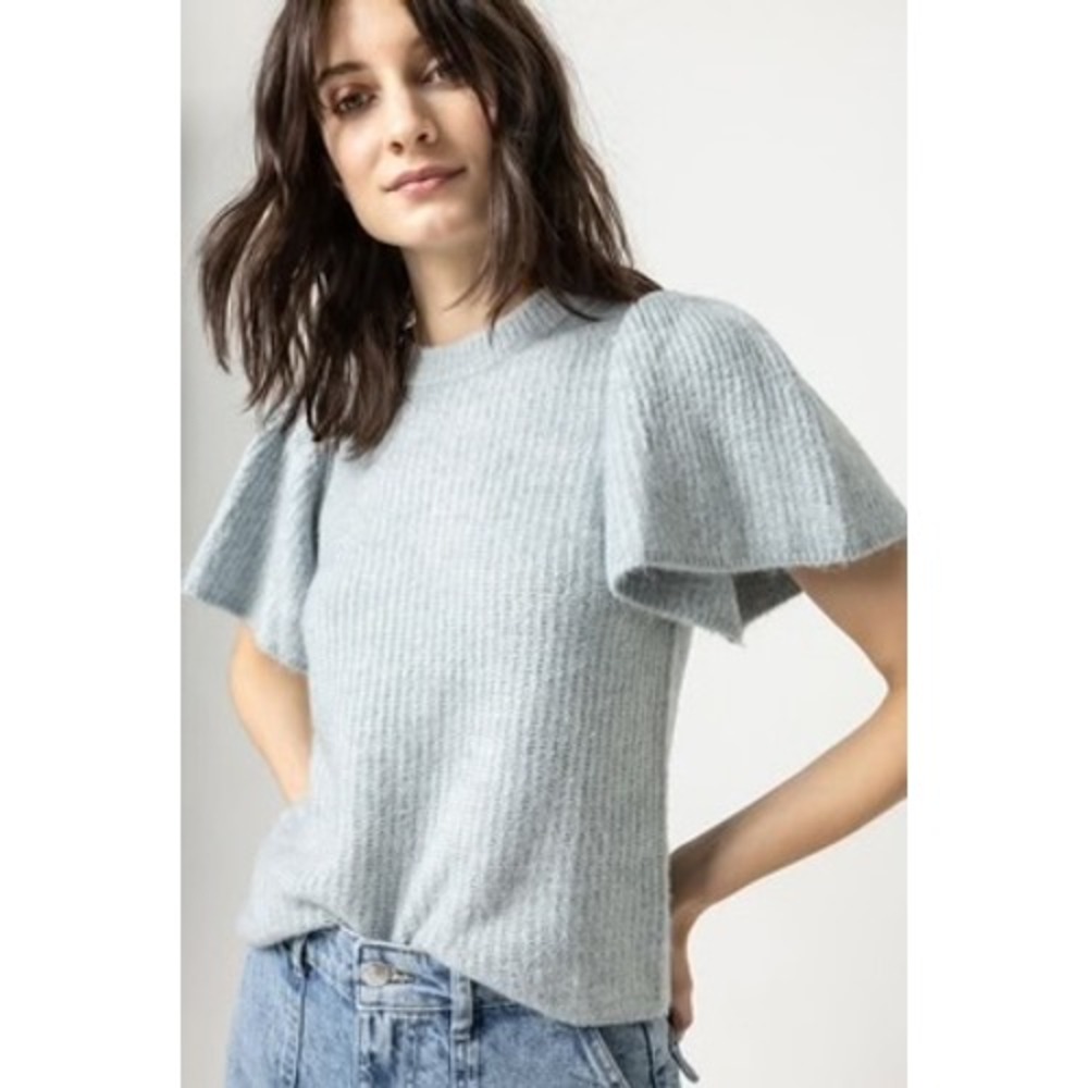 Lilla P Flutter Sleeve Crewneck Sweater‎ Frost Blue Knit Size S